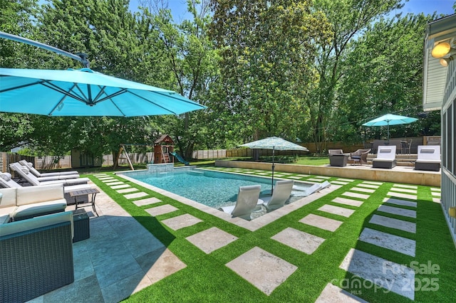 3165 Pendleton Ave, Charlotte, NC 28210 - view of pool with a fenced backyard, outdoor lounge area, a patio, and a playground