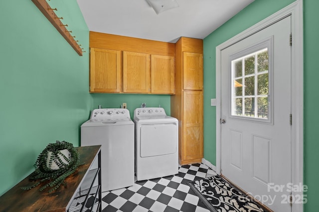 114 Windchime Ln, Mooresville, NC 28115 - laundry room featuring cabinet space, washer and clothes dryer, and dark floors