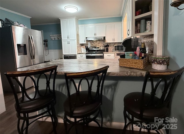 605 Impala Dr, Albemarle, NC 28001 - kitchen featuring stainless steel appliances, under cabinet range hood, ornamental molding, a peninsula, and white cabinets