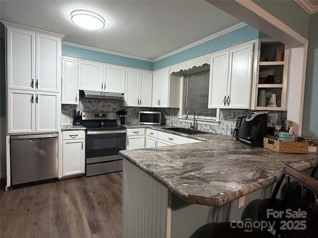 605 Impala Dr, Albemarle, NC 28001 - kitchen featuring appliances with stainless steel finishes, open shelves, a peninsula, under cabinet range hood, and crown molding