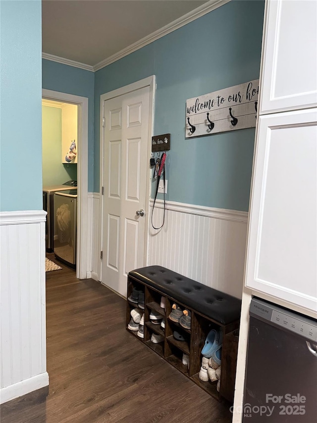 605 Impala Dr, Albemarle, NC 28001 - mudroom with a wainscoted wall, dark wood finished floors, and ornamental molding