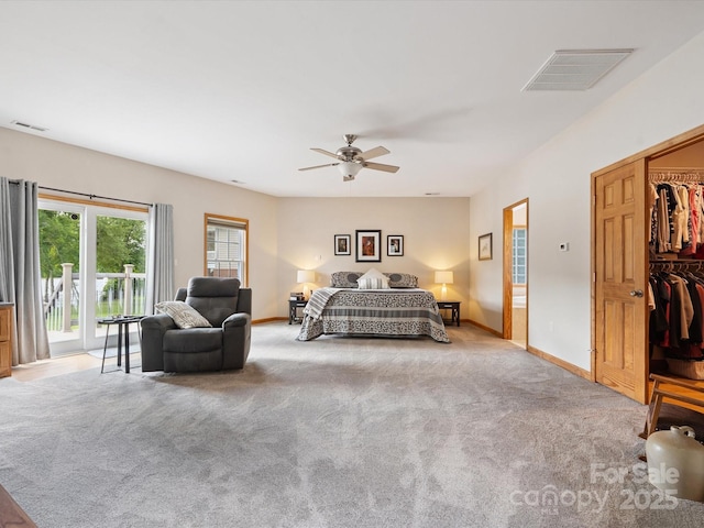 887 Living Waters Dr, Great Falls, SC 29055 - carpeted bedroom with access to outside, ceiling fan, and a walk in closet