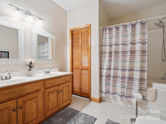 887 Living Waters Dr, Great Falls, SC 29055 - full bathroom with shower / bath combo, double vanity, a closet, and tile patterned flooring