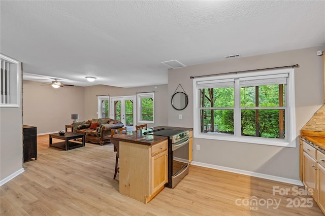 200 Lake Club Dr, Nebo, NC 28761 - kitchen featuring stainless steel electric range oven, light wood-type flooring, open floor plan, a kitchen bar, and plenty of natural light