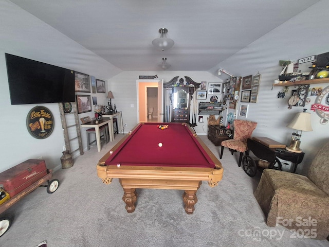 284 Old Harbor Dr, Mount Gilead, NC 27306 - rec room featuring lofted ceiling, carpet floors, and pool table