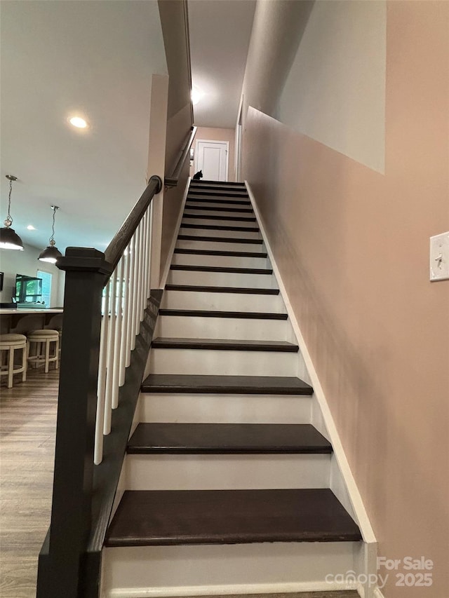 284 Old Harbor Dr, Mount Gilead, NC 27306 - staircase featuring wood finished floors and recessed lighting