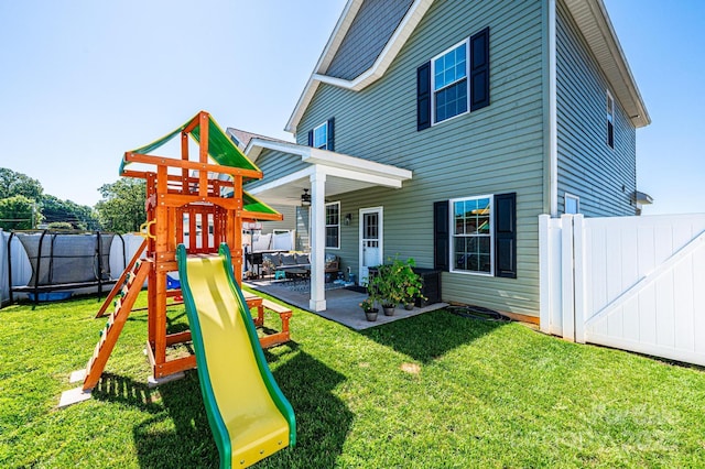 2526 Snow Creek Rd NE, Hickory, NC 28601 - view of jungle gym featuring ceiling fan, a patio area, and a fenced backyard
