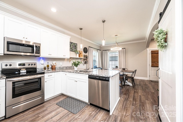 2526 Snow Creek Rd NE, Hickory, NC 28601 - kitchen featuring stainless steel appliances, a peninsula, dark wood-style floors, white cabinetry, and light stone counters