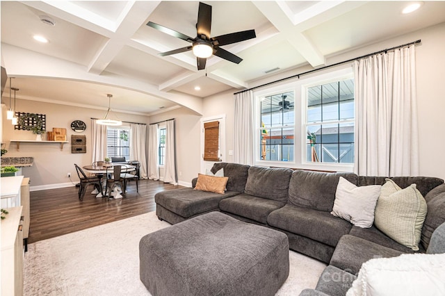 2526 Snow Creek Rd NE, Hickory, NC 28601 - living room featuring wood finished floors, coffered ceiling, arched walkways, recessed lighting, and beamed ceiling
