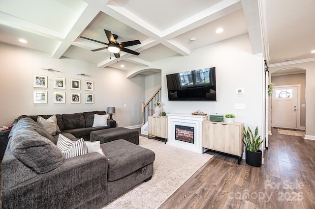 2526 Snow Creek Rd NE, Hickory, NC 28601 - living area featuring arched walkways, dark wood finished floors, a ceiling fan, beam ceiling, and coffered ceiling
