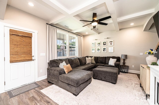 2526 Snow Creek Rd NE, Hickory, NC 28601 - living room featuring wood finished floors, coffered ceiling, a ceiling fan, beamed ceiling, and recessed lighting