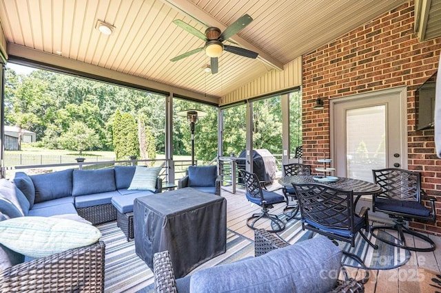 1083 Fox Chase Dr, Newton, NC 28658 - view of patio with an outdoor living space, a ceiling fan, area for grilling, outdoor dining space, and a deck