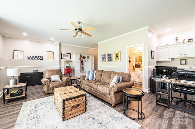 1083 Fox Chase Dr, Newton, NC 28658 - living area featuring dark wood-style flooring, ceiling fan, ornamental molding, and recessed lighting