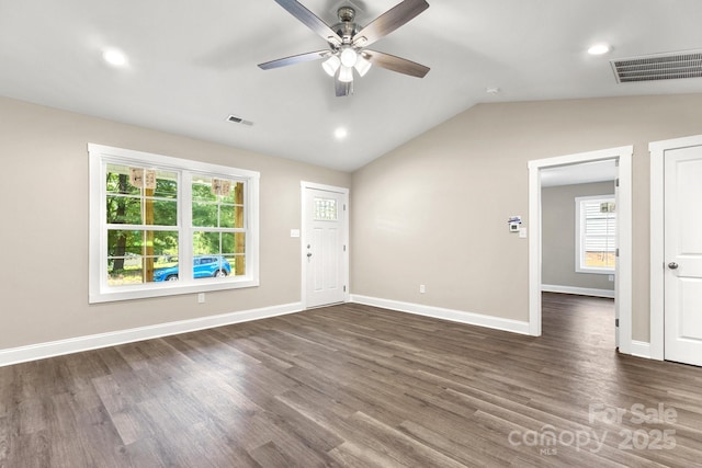 1234 Goodnight Ln, Kannapolis, NC 28081 - unfurnished living room with a ceiling fan, dark wood-style flooring, lofted ceiling, and recessed lighting