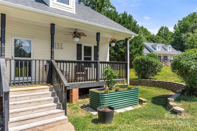 814 Carved Oak Ct, York, SC 29745 - property entrance with a shingled roof, covered porch, a lawn, and ceiling fan