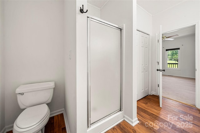 814 Carved Oak Ct, York, SC 29745 - bathroom featuring ornamental molding, a stall shower, and wood finished floors