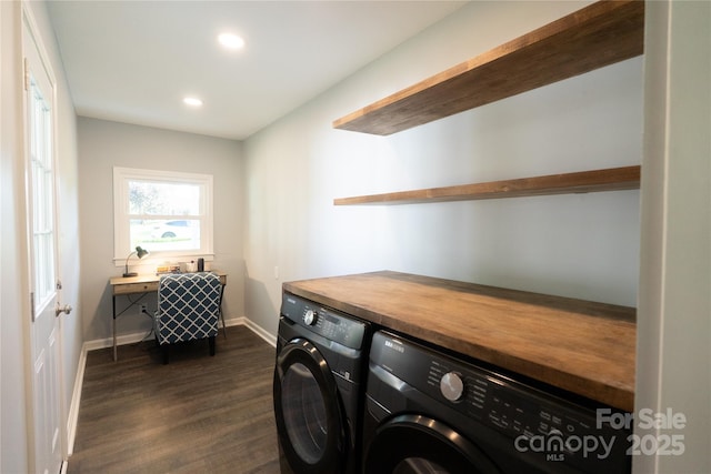 8012 Red Lantern Rd, Indian Trail, NC 28079 - washroom featuring washing machine and dryer, dark wood-style flooring, and recessed lighting