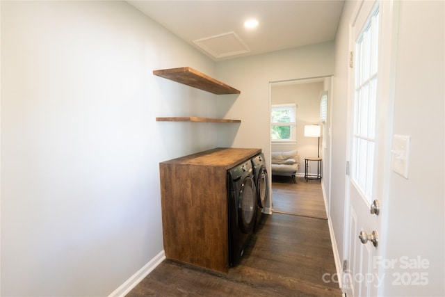8012 Red Lantern Rd, Indian Trail, NC 28079 - corridor featuring separate washer and dryer, dark wood finished floors, and attic access