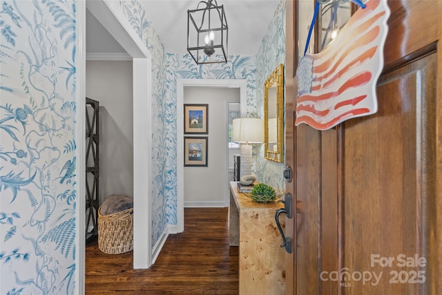 5501 Murrayhill Rd, Charlotte, NC 28210 - hall featuring wallpapered walls, dark wood-style flooring, and crown molding