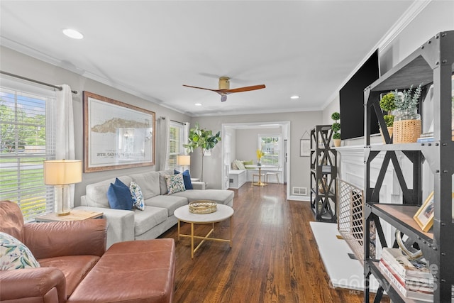 5501 Murrayhill Rd, Charlotte, NC 28210 - living room with healthy amount of natural light, wood finished floors, ceiling fan, crown molding, and recessed lighting