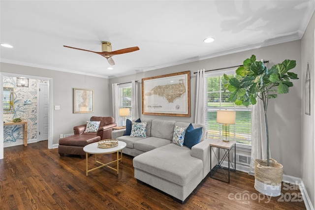 5501 Murrayhill Rd, Charlotte, NC 28210 - living area with dark wood-type flooring, healthy amount of natural light, ornamental molding, recessed lighting, and a ceiling fan