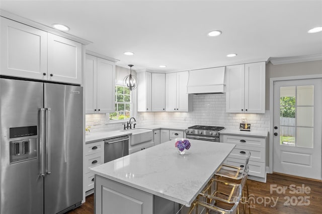 5501 Murrayhill Rd, Charlotte, NC 28210 - kitchen with high quality appliances, custom exhaust hood, dark wood-style floors, white cabinets, and backsplash