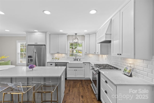 5501 Murrayhill Rd, Charlotte, NC 28210 - kitchen with premium appliances, custom range hood, a breakfast bar area, crown molding, and healthy amount of natural light