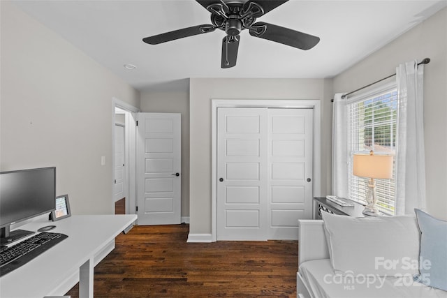 5501 Murrayhill Rd, Charlotte, NC 28210 - office area featuring dark wood-style floors and a ceiling fan