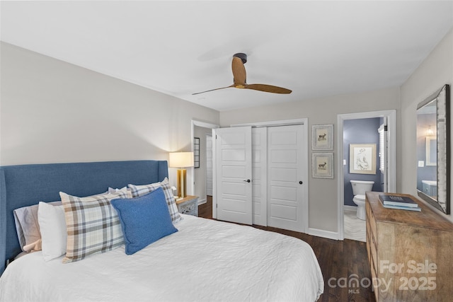 5501 Murrayhill Rd, Charlotte, NC 28210 - bedroom with dark wood-style flooring, a closet, ensuite bath, and ceiling fan