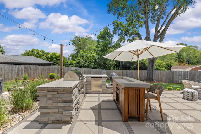 5501 Murrayhill Rd, Charlotte, NC 28210 - fenced backyard with area for grilling, a patio, and exterior bar