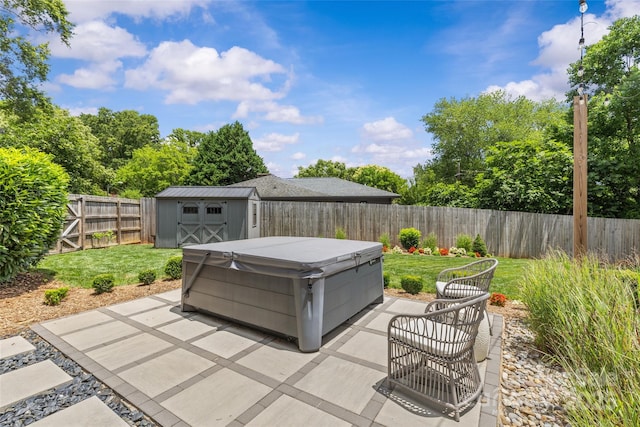5501 Murrayhill Rd, Charlotte, NC 28210 - fenced backyard featuring a hot tub, a patio, and a storage shed