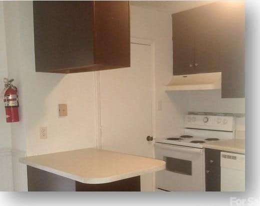 153 W End St, Chester, SC 29706 - kitchen with white range with electric stovetop, extractor fan, and light countertops