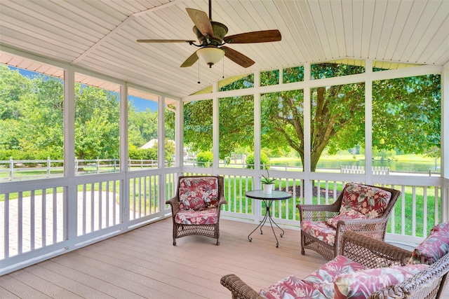 2004 Onotoa Dr, Indian Trail, NC 28079 - sunroom featuring a ceiling fan, lofted ceiling, and view of scattered trees