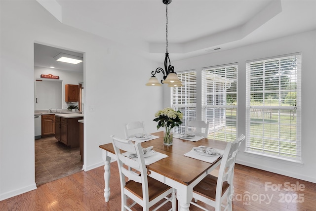 2004 Onotoa Dr, Indian Trail, NC 28079 - dining space featuring a chandelier, healthy amount of natural light, a tray ceiling, and wood finished floors