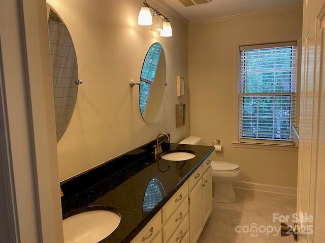 6632 Summer Darby Ln, Charlotte, NC 28270 - full bathroom with double vanity, ornamental molding, and a shower with curtain