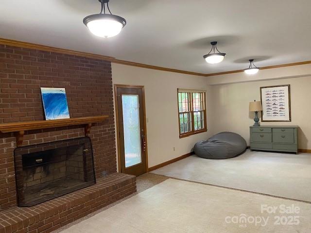 6632 Summer Darby Ln, Charlotte, NC 28270 - workout area with crown molding, carpet floors, and a brick fireplace