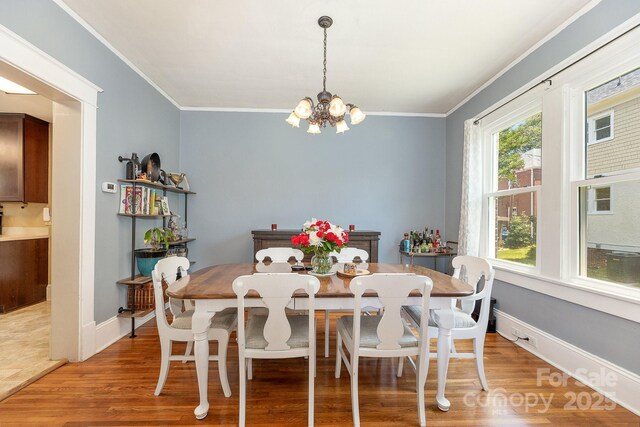206 Mitchell Ave, Salisbury, NC 28144 - dining room with wood finished floors, ornamental molding, and a chandelier