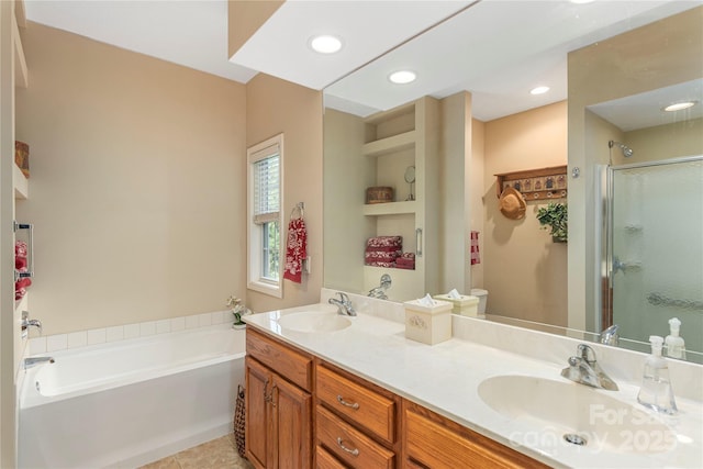 190 Shaws Creek Farm Rd, Hendersonville, NC 28739 - full bathroom featuring a garden tub, a stall shower, double vanity, recessed lighting, and tile patterned floors