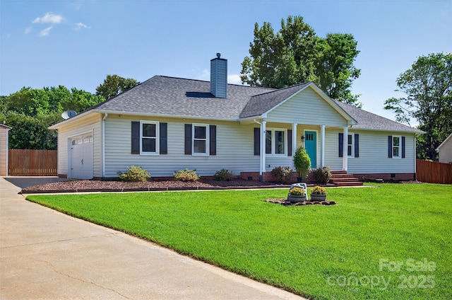 106 Abbey Cir, Salisbury, NC 28147 - ranch-style home with concrete driveway, a chimney, a shingled roof, a garage, and crawl space