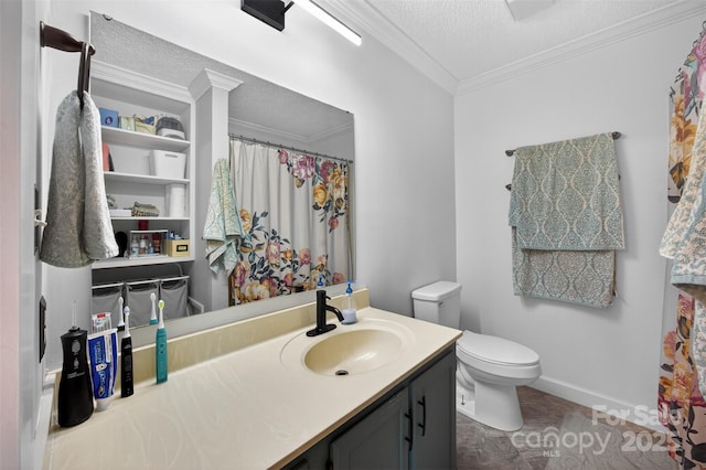 106 Abbey Cir, Salisbury, NC 28147 - full bathroom with a textured ceiling, vanity, ornamental molding, and a shower with shower curtain