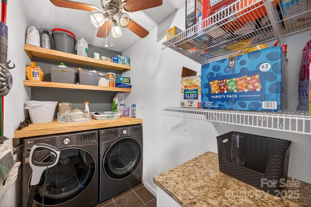 106 Abbey Cir, Salisbury, NC 28147 - laundry area featuring independent washer and dryer, a ceiling fan, and dark tile patterned floors