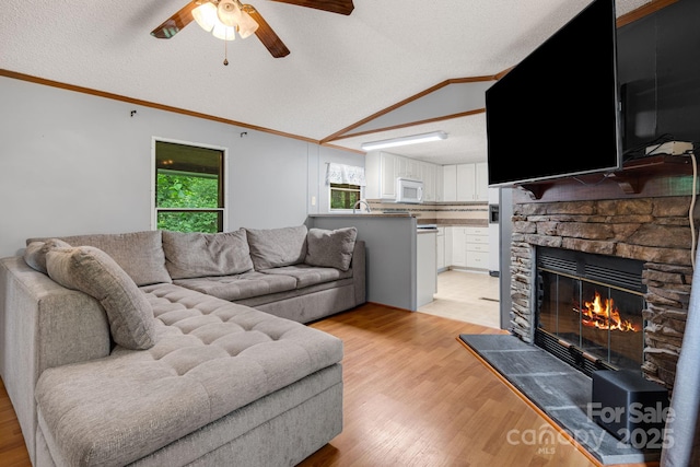 6 Kims Ct, Clyde, NC 28721 - living room with vaulted ceiling, healthy amount of natural light, a fireplace, ceiling fan, and light wood-type flooring