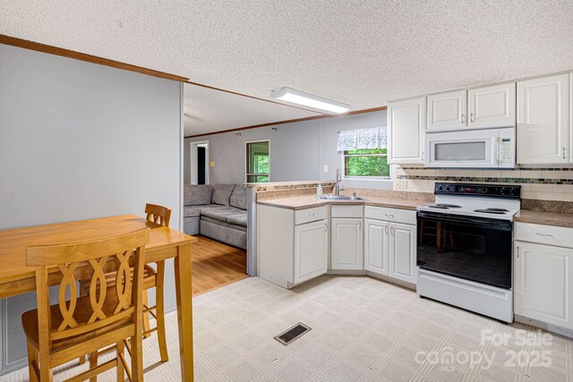 6 Kims Ct, Clyde, NC 28721 - kitchen with white microwave, electric range, light flooring, a peninsula, and crown molding