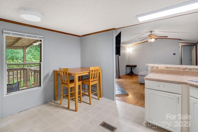 6 Kims Ct, Clyde, NC 28721 - dining area with light flooring, a ceiling fan, crown molding, and a textured ceiling