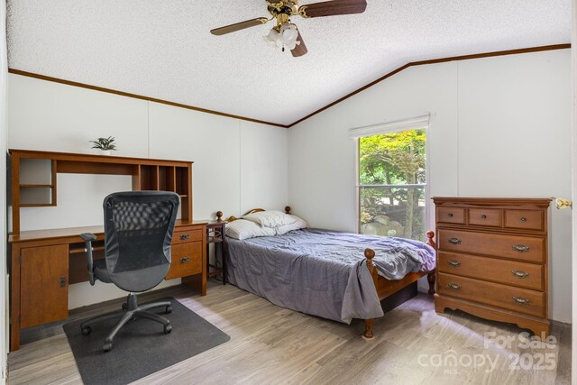 6 Kims Ct, Clyde, NC 28721 - bedroom featuring crown molding, vaulted ceiling, light wood-type flooring, a textured ceiling, and ceiling fan
