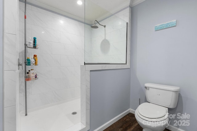 200 Vista Pointe Dr, Stony Point, NC 28678 - bathroom featuring a walk in shower, crown molding, and wood finished floors