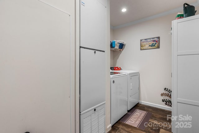 200 Vista Pointe Dr, Stony Point, NC 28678 - laundry room with washing machine and clothes dryer, crown molding, dark wood-style flooring, and recessed lighting