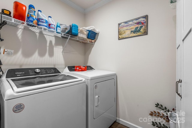 200 Vista Pointe Dr, Stony Point, NC 28678 - laundry area featuring ornamental molding, washer and clothes dryer, and wood finished floors