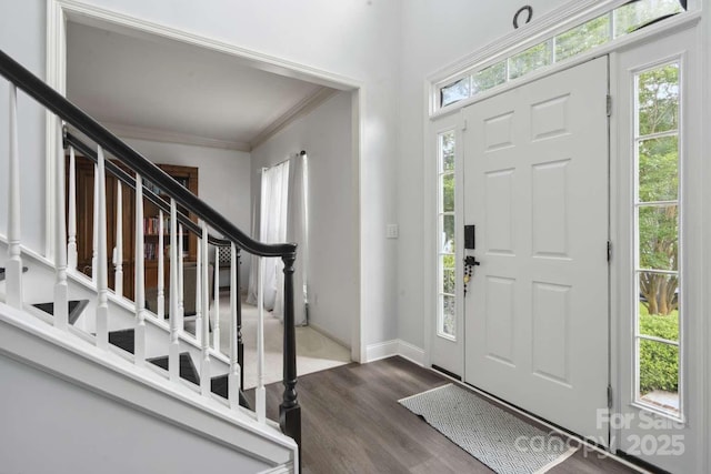 9954 Mitchell Glen Dr, Charlotte, NC 28277 - foyer with dark wood-style flooring, stairway, and ornamental molding