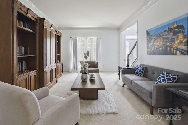 9954 Mitchell Glen Dr, Charlotte, NC 28277 - living room featuring crown molding, light colored carpet, and stairs